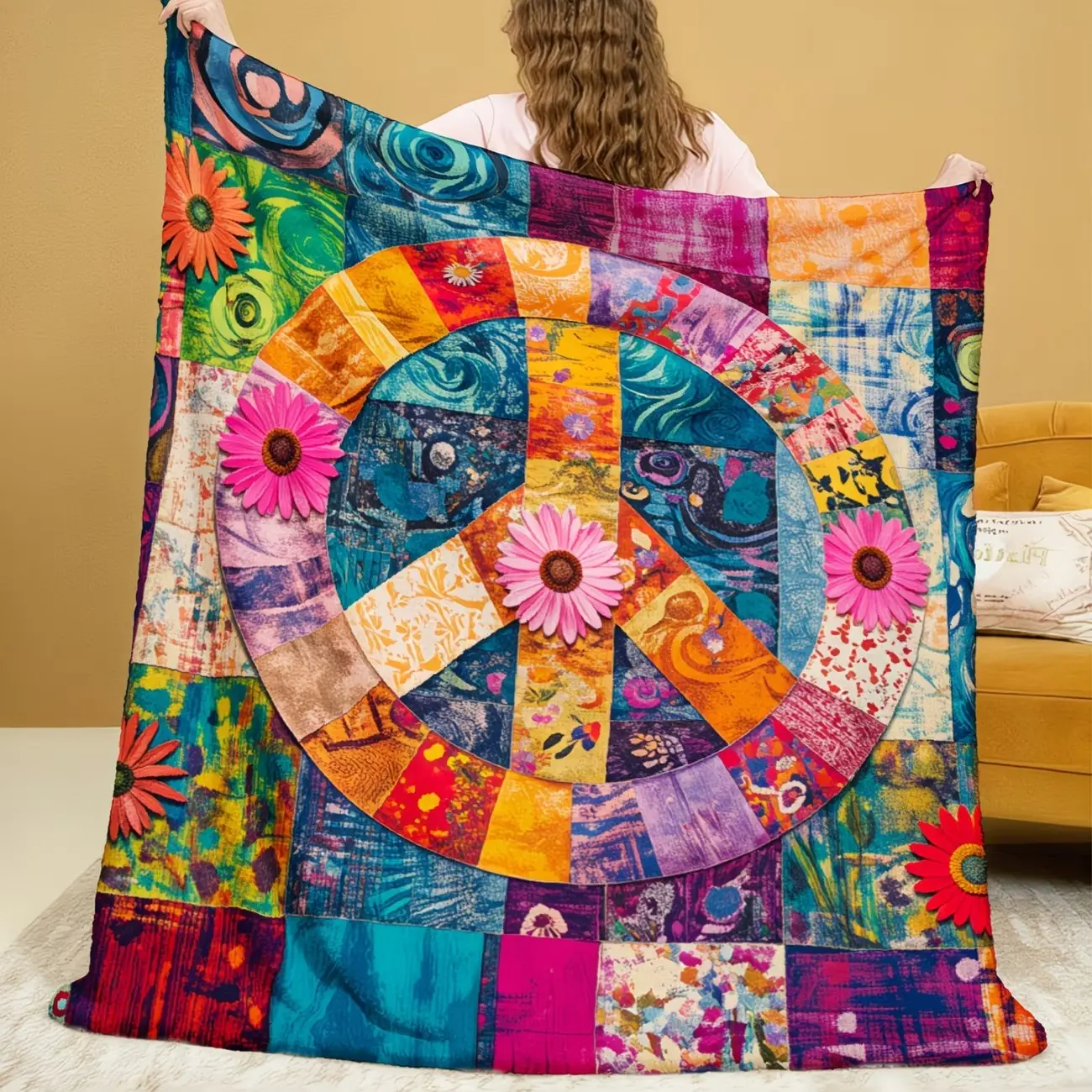 Multicolor Patchwork Peace Sign Collage Flannel Blanket, Soft Bedspread with Colorful Squares, Throw Blanket, Soft Cozy Blanket for Sofa, Bed, Car, Office, Washable, All Seasons, Decorative Blanket