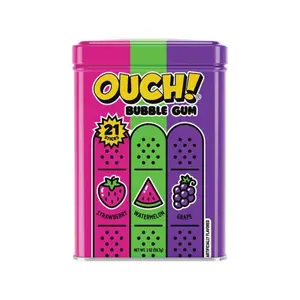 Ouch! Bubble Gum - Watermelon Strawberry & Grape Flavor 2oz Tin | 21 Sticks in a Tin Vintage Candy Snack Sweet Nostalgic Gum Bonbon Fruit