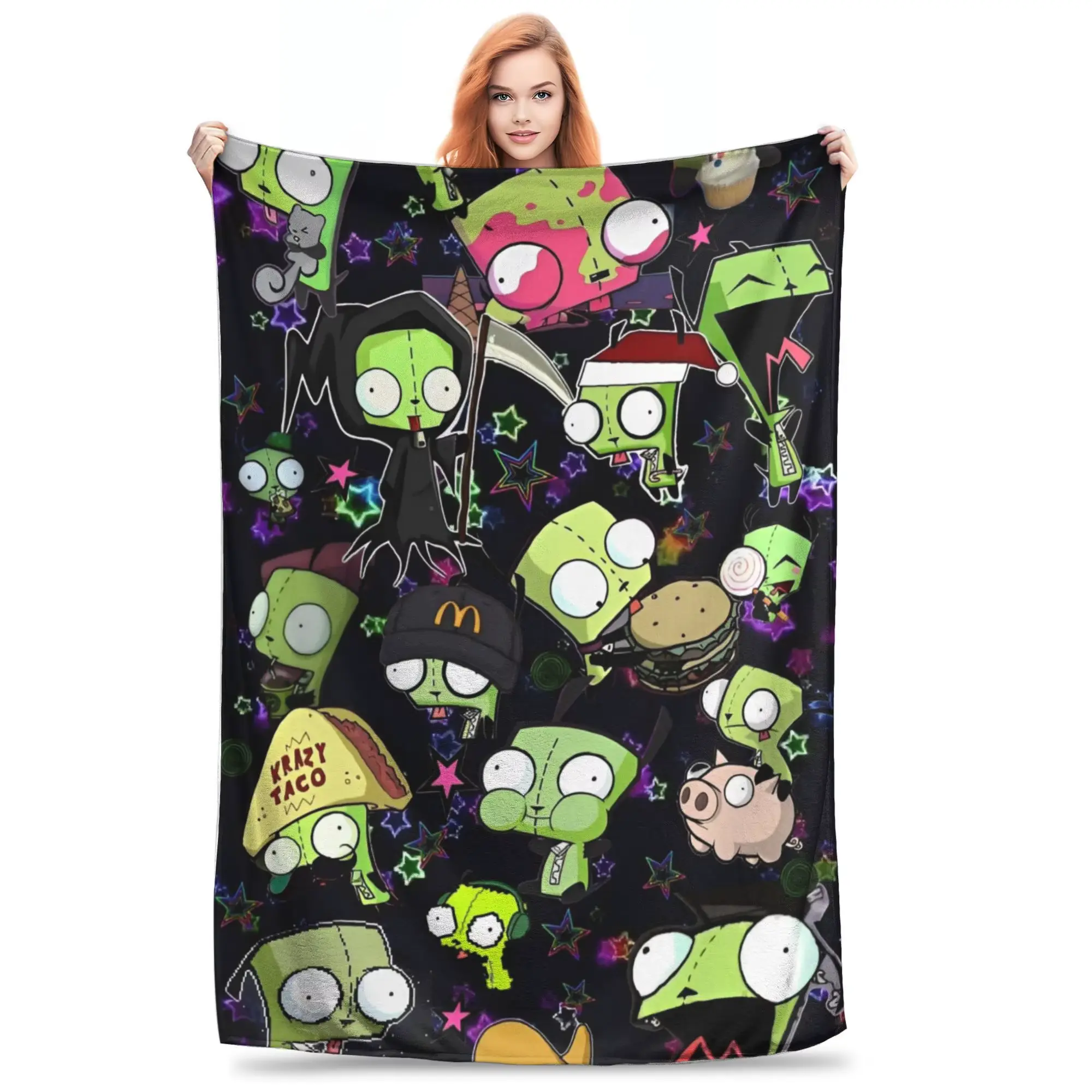 Invader Zim Gir Collage Flannel Cooling Blanket, Soft Cozy Bedding Throw for Bedroom Sofa, Cartoon Themed Blanket Gift for 90s Retro Animation Fans, Cooling Blankets, Cartoon Themed Blankets