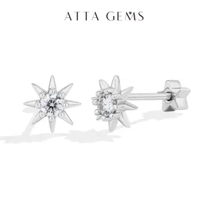 ATTAGEMS 0.1ct Sun Design Lab-Grown Moissanite Ear Stud for Women and Girls 925 Sterling Silver Earrings Daily Wear Birthday Gift Trendy Jewelry E069