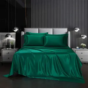 Solid Color Satin Bedding Set, 6 Counts/set Including 1 Count Fitted Sheet & 1 Count Flat Sheet & 4 Counts Pillowcase without Filler, Bedding Supplies for Home Bedroom Hotel