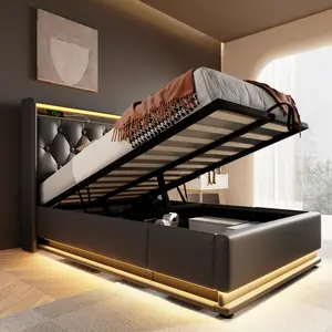 PU Upholstered Bed Frame with Storage, 360 surround LED function, Buttons/Apps/Remote Control, hydraulic storage bed with USB Type-C charging,(Without mattress)Soft-cushioned platform bed frame. Wooden strips featuring a noise-free riveting de#Summervibes