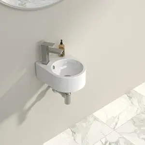 Logmey 13"L x10"W Circular Wall Mounted Bathroom Sink White Ceramic Wall Hung Lavatory Sink With Pre-Drilled Faucet Hole Space Saving Small Wall Vessel Sink