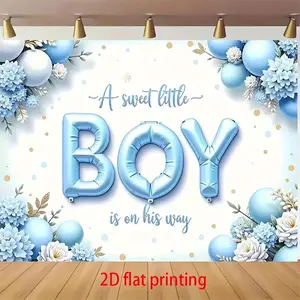 1pc Polyester Blue Balloon Theme Birthday Flat Banner - 2D Design, Golden Dots, Floral Print, "A Sweet Little Boy is on His Way" Text - Ideal for Party Decorations, Photography Backdrop (Home & Festive Party Supplies)