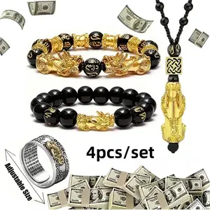 “4-Piece Feng Shui Pi Xiu Jewelry Set – Black Glass Beads Bracelet, Wealth Ring, Lucky Charm Necklace, Prosperity Talisman Set”