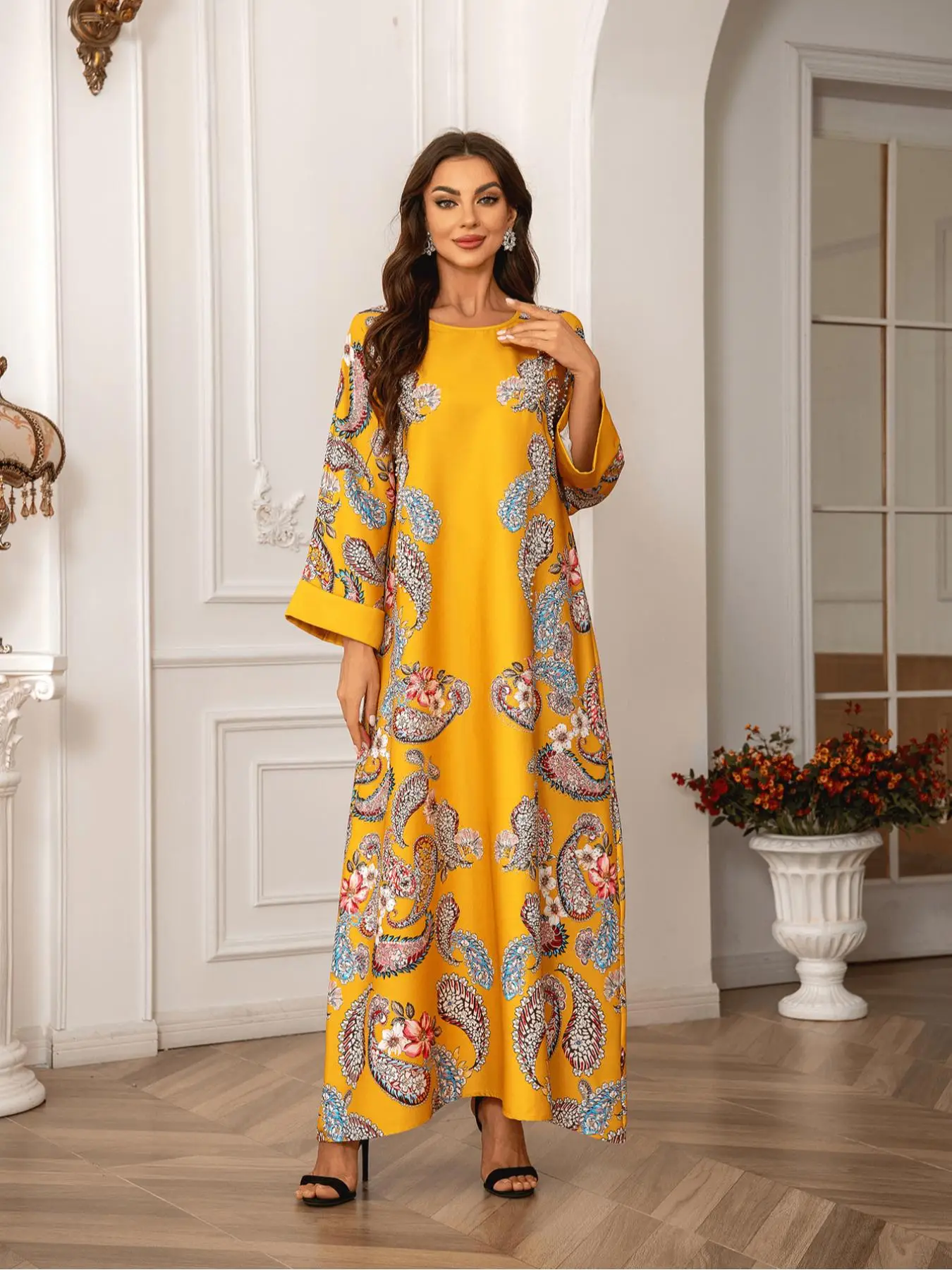 Women's Floral Pattern Faux Pearl Decorated Dress, Elegant Long Sleeve Round Neck Dress for Daily Wear, Ladies Islamic Clothing for All Seasons