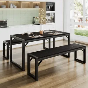 SHA CERLIN 3-Pieces Dining Table Set with Two Benches, Rustic Kitchen Table Set for 4 People, Space-Saving Dinette, Heavy Duty Sturdy Structure, Easy Assemble, Black/Black#ChristmasGifts#TikTokShopBlackFriday