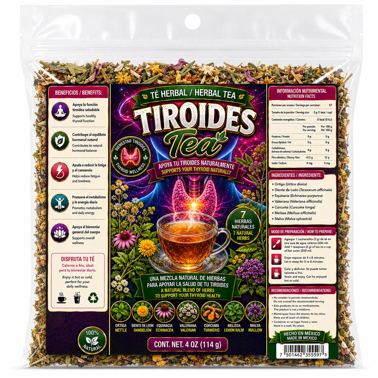 Viral Tiroides Compuesto Herbal Tea Premium 4oz (114g) – 100% Natural Herbal Infusion – Hecho en Mexico – Makes 40+ Cups – Herbal Mixture for Comfort – Té para Ayuda de la Tiroides – Non-GMO | No Cafeína