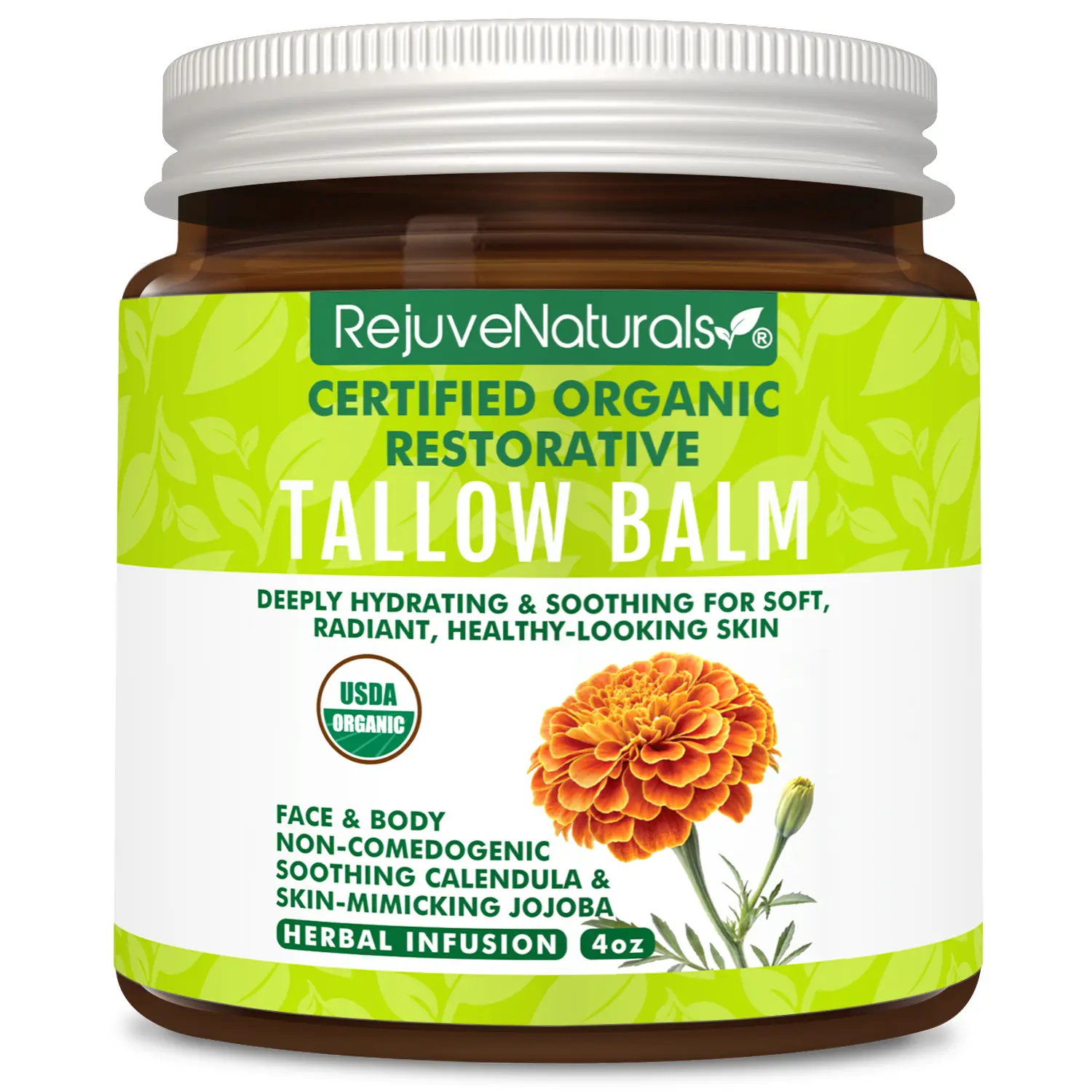 USDA Certified Organic Beef Tallow Balm, Large 4oz Glass Jar – Grass Fed & Finished