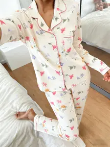 Women's Long Sleeve Pyjama Set with Button, Pajamas, Pjs, Loose-Fitting Casual Homewear, All-Over Floral Print, Soft Breathable Fabric, Essential for All Seasons, Nightwear, Loungewear