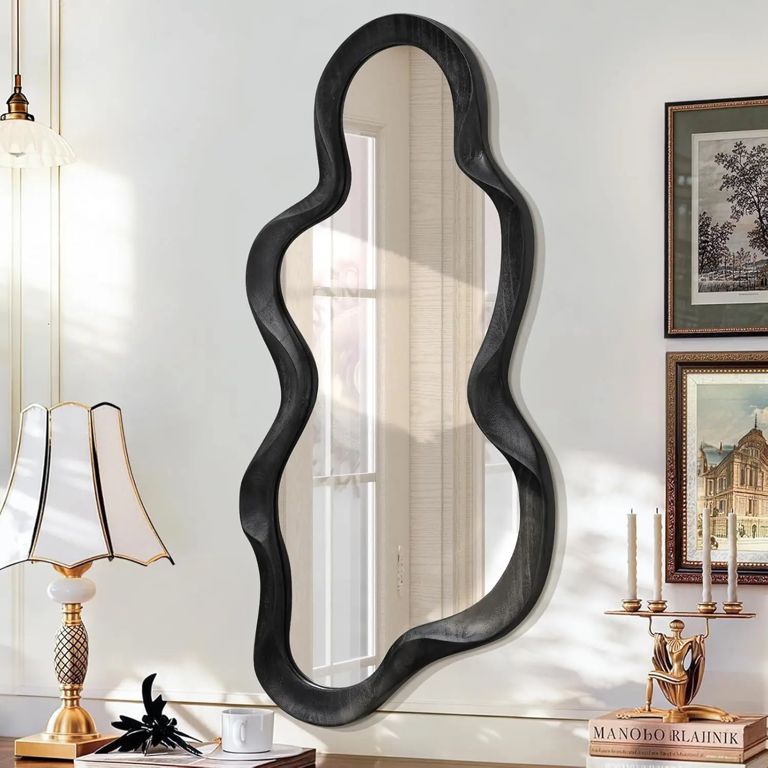 Black Asymmetrical Mirror for Wall Irregular  Frame Mirrors Modern Artistic Wavy Wall Mirror Decorative  Bathroom Living Room Bedroom Entryway Hallway Cute and Stylish Cloud Mirror Large