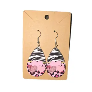 Pink Hearts on Pink/Black Cheetah Print with Zebra Print Background Earrings - Handmade, 1 x 1.6 Inches, Hypoallergenic, Rubber Backing Included