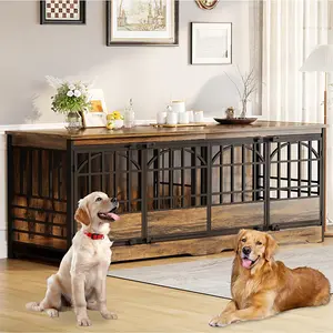 COZPAW 86 Inch Double Dog Crate Furniture for 2 Dogs, Decorative Dog Kennel Indoor TV Stand, Heavy Duty Wooden Dog Cage for Large Medium Dogs Sized Dog Pet House with Divider (Brown)