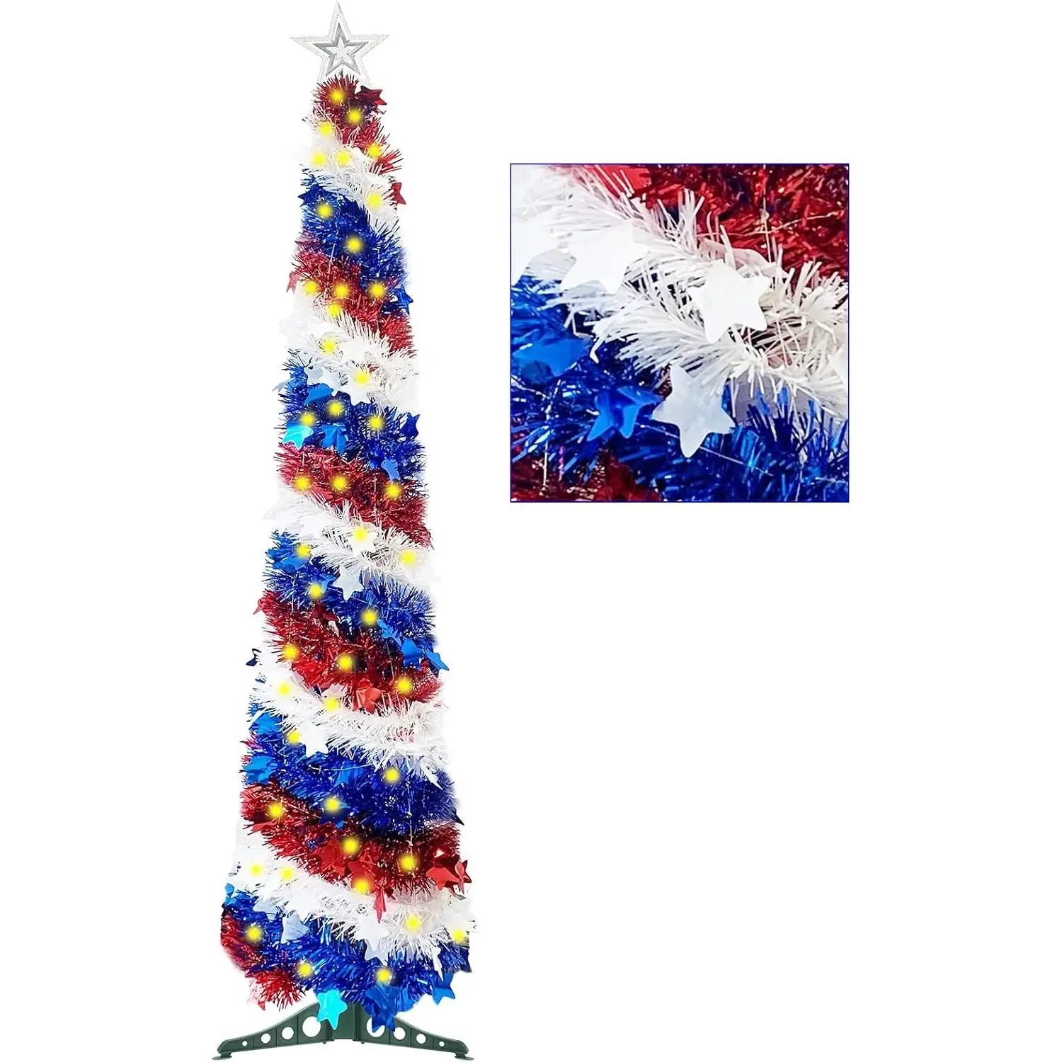 5Ft Pop up Christmas Tree 4th of July Patriotic Decorations with 100 Lights, Artificial Collapsible Star Sequins Tree for Indoor Outdoor Independence Day Patriotic Party Decorations