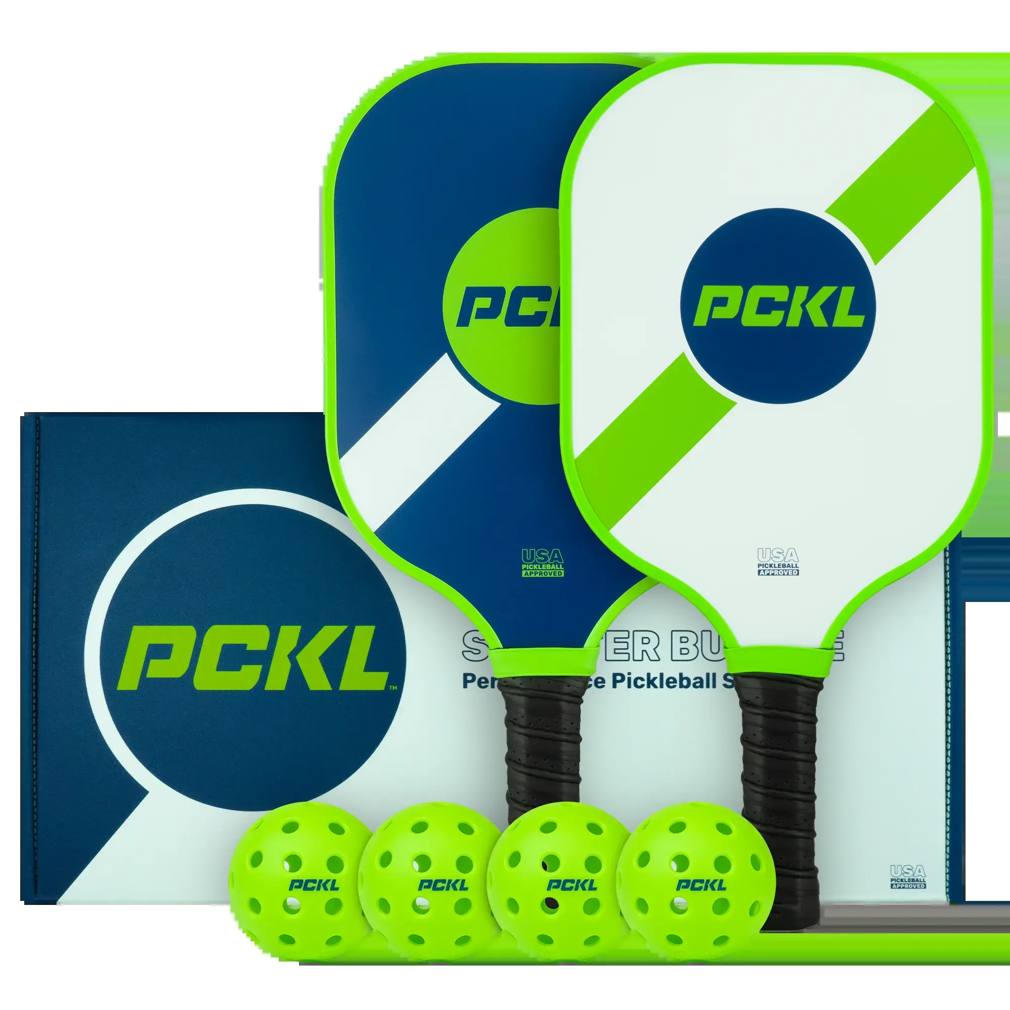 PCKL Starter Series Premium Pickleball 2 Paddle and 4 Ball Set | USA Pickleball Approved | Fiberglass Face with Large Sweet Spot | Honeycomb Core PCKL