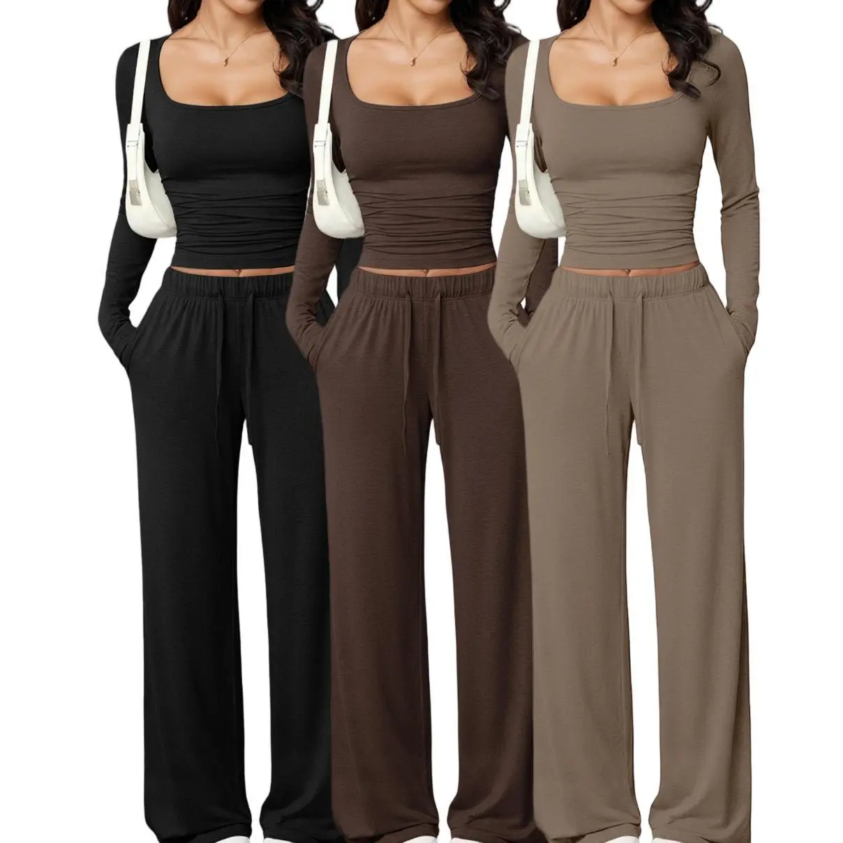 Ladies' 2-piece loungewear suit, square-neck long-sleeved crop top, high-waisted wide-leg drawstring pants, casual sportswear.