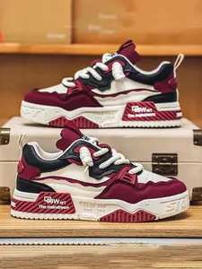 Men's Fashion Colorblock Lace Up Sneakers, Casual Comfortable Breathable Sports Running Shoes, Male All-match Round Toe Chunky Sneakers for Daily Life, Trainer