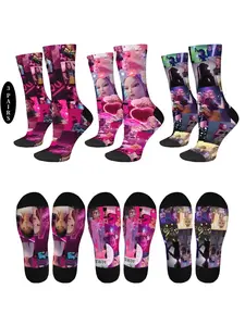 3 pairs of Harajuku-style anime-themed Korean K-POP girl group cartoon print mid-calf socks. Trendy, fantasy, casual, warm, comfortable, breathable, non-slip, unisex, crew Dance socks, versatile for couples, fun, holiday parties, creative collectible gift
