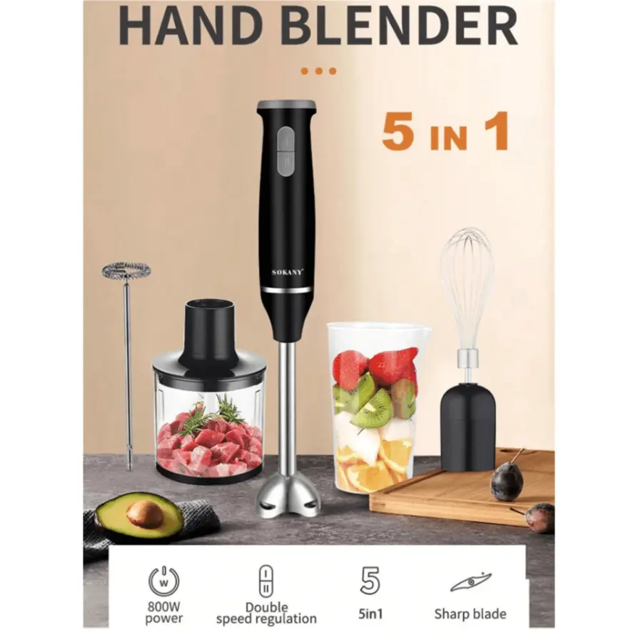 1000W Power Durable Stainless Steel Multi-Functional Hand Blender Set - 5-In-1 with Stick Head, Whisk, Milk Frother, Masher, Blending Cup, Chopping Bowl - Ideal Kitchen Gift for Home Cooks, Bakers - Suitable for Desserts, Baby Food, Parents