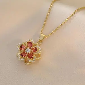Veliora Gift B Rotatable Flower Design Charm Necklaces for Women, Summer Rhinestone Decor, Rhinestone Accents, Accessory for Party, Daily & Holiday Wear, 90s Minimalism Exquisite Jewelry Gift