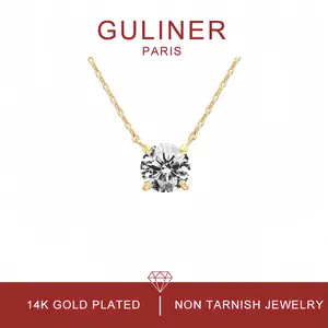 GULINER Paris 1.5 Carat Solitaire Pendant Necklace 14K Gold Plated Choker with Cubic Zirconia Crystal Hypoallergenic Non Tarnish Jewelry for Women