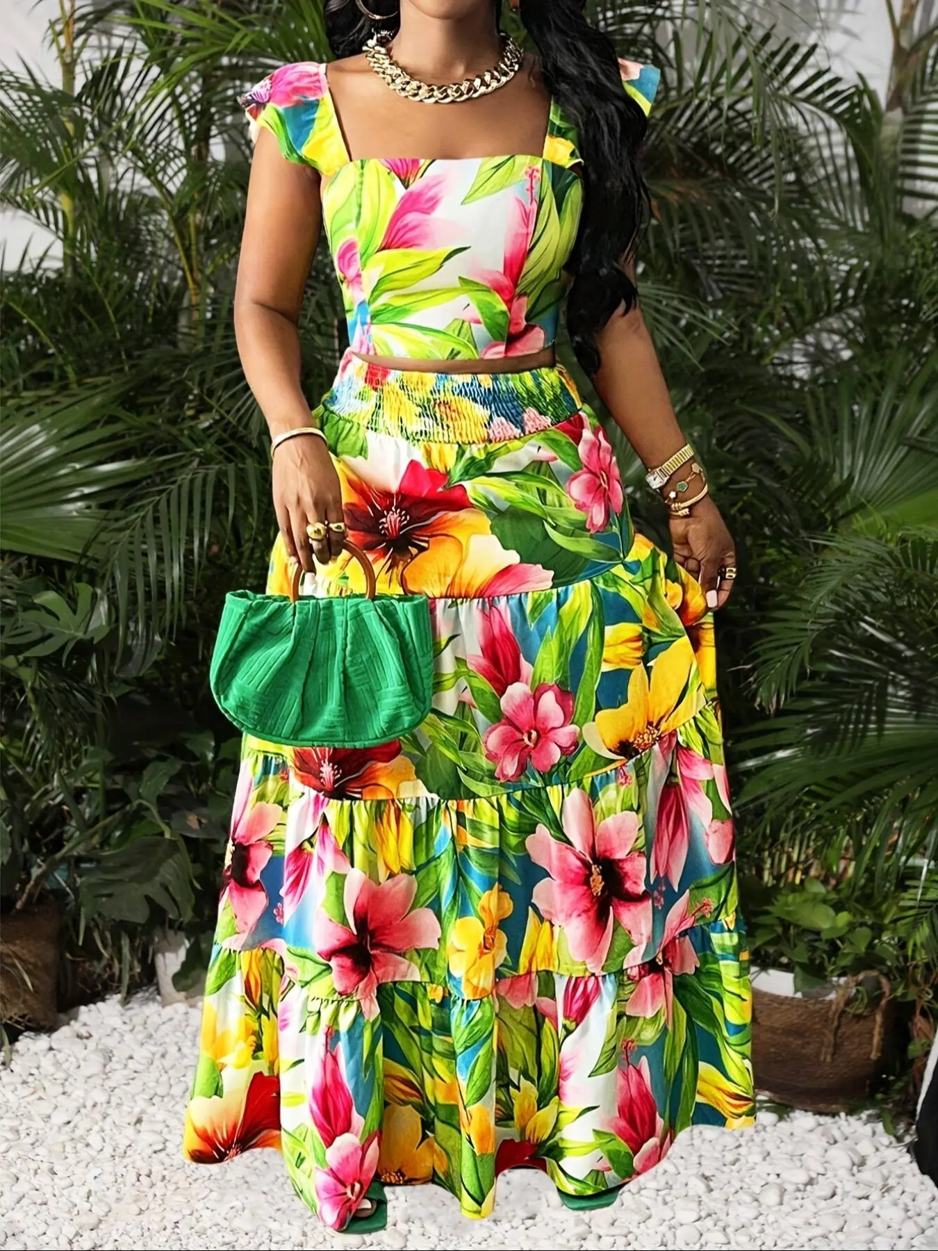 Stylish Summer Bohemian Women's Matching Set, Floral Print Fabric Tank Top and High Waist Midi Skirt, Trendy Vacation Dress Outfit for Fashion Lovers