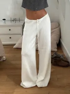 Women's Casual Low Waist Drawstring Adjustable Ribbed Knit Pants, Pure Color Drapey Wide Leg Long Pants, Basic Fashion for Daily Wear Solid, Casual Minimalist Trousers, Drawstring Loose Fit