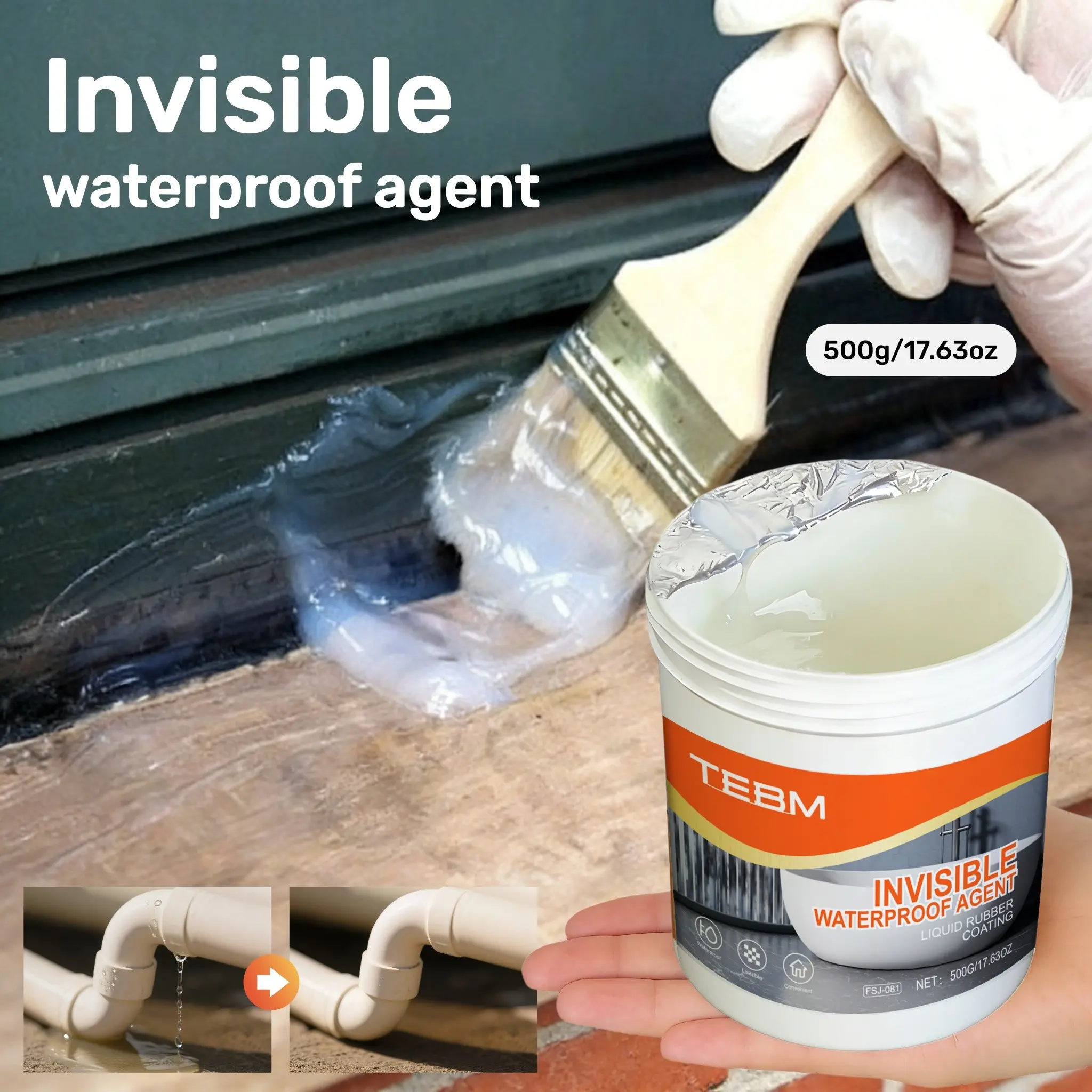 Transparent waterproof coating, Invisible Waterproof Sealant, suitable for exterior walls, ceilings, kitchens, bathrooms, balconies, etc. Comes with a tool brush. Easy to use. Waterproofing Coating