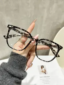1 pair of unisex college style leopard print square large frame flat-light glasses, suitable for computer reading/games/mobile phones, transparent glasses, anti-blue glasses, Leopard pattern eyeglasses
