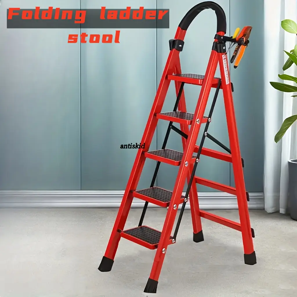 1pc Heavy-Duty 5-Step Portable Folding Ladder, 500 Lbs Load Capacity, Durable Plastic Material with Non-Slip Steps, Lightweight and Portable, Suitable for Home and Industrial Use Color: Five Steps Red