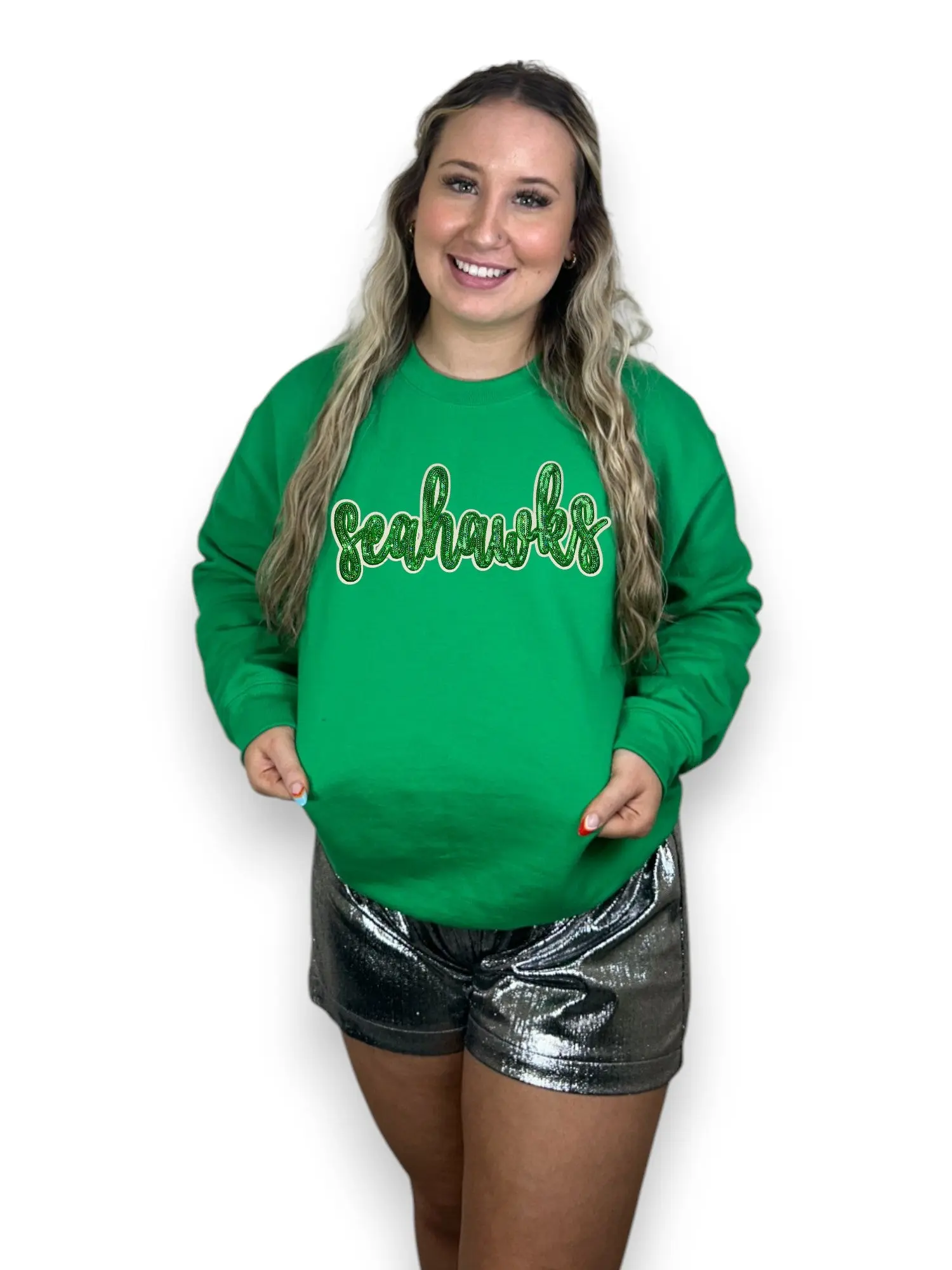 Green Cursive Sequin Seahawks Sweatshirt for Womenswear - High-Quality Sequins & Iconic Logo - Perfect for Game Events - Hoodie