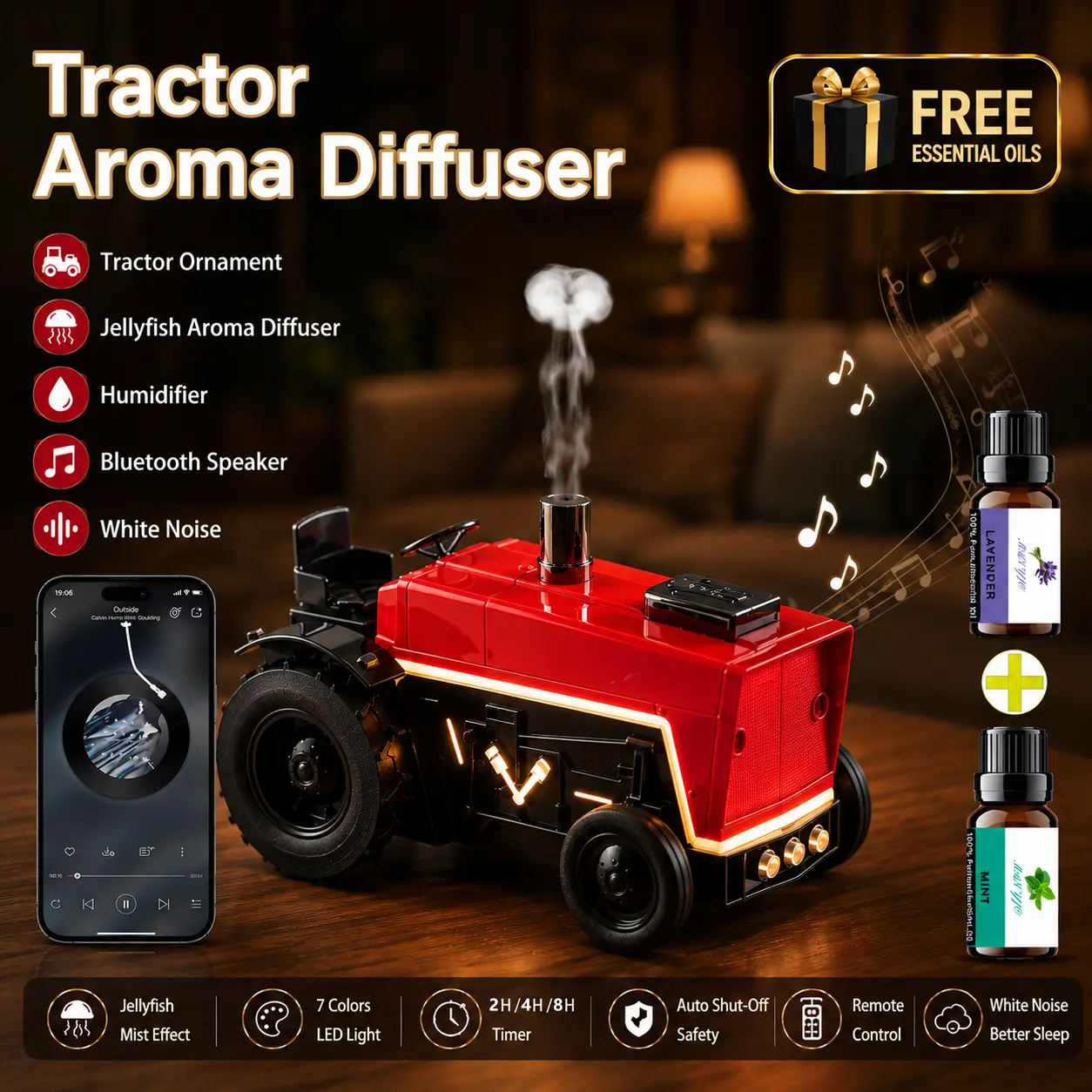 Vintage Tractor Cool Mist Bedroom Humidifier Diffusers - Corded Fragrance Machine with Bluetooth Speaker, 9 Natural White Noise Modes, Timer Function, Free Essential Oil Included (Ideal for Birthdays, Housewarmings), Cool Mist Humidifier
