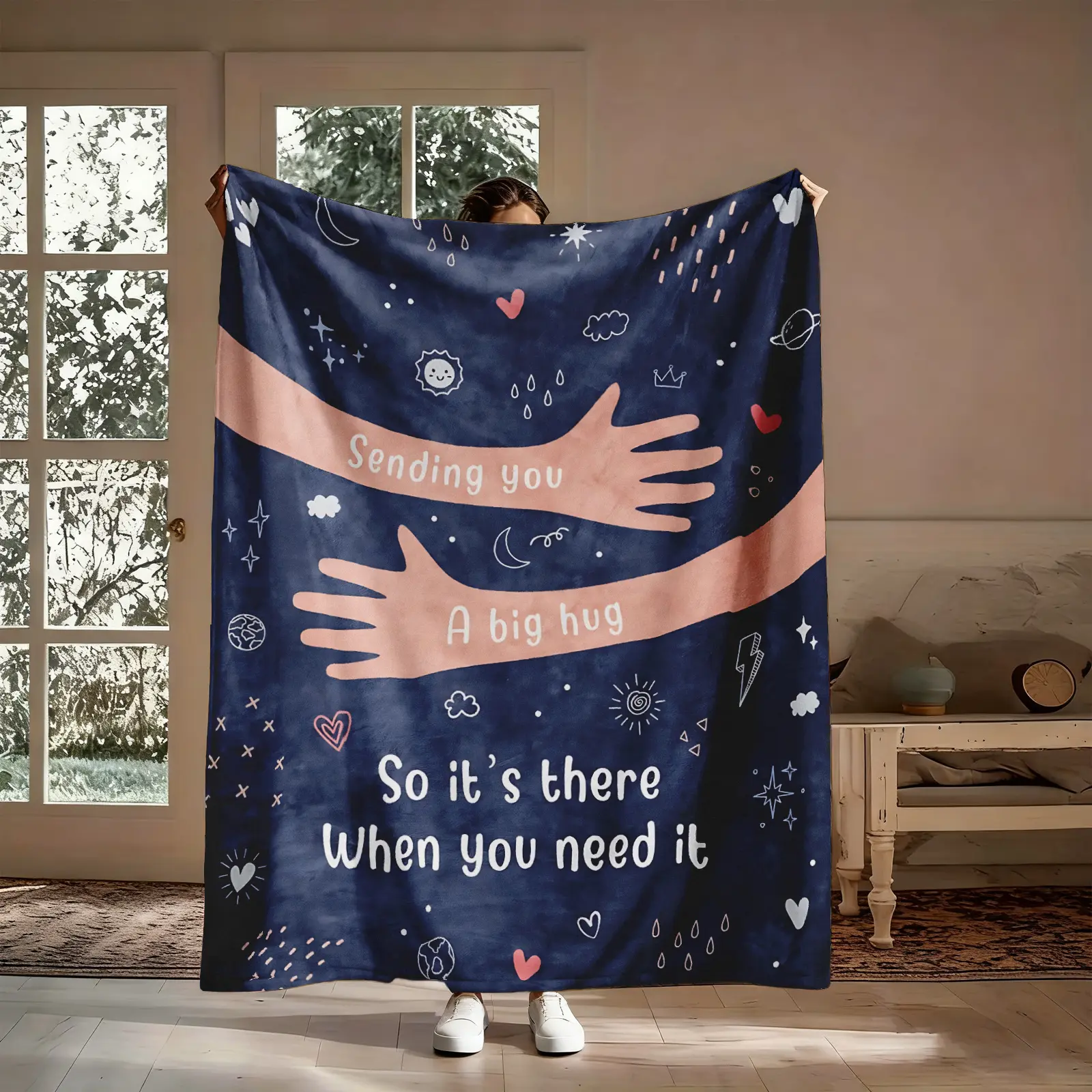 Flannel Throw Blanket - Fluffy, Anxiety-Relieving, Adorable Style, Soft Cozy Warm, Doodle Cloud Moon Stars & Arm Embrace Design, for Couch Bed, Comfort Gift for Birthday Christmas, Heartwarming Aesthetic Decor, Fluffy Blankets, Anxiety-Relieving Blankets