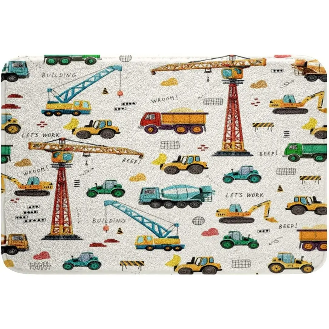 Excavator Bath Mat,Tractor Machinery Trucks Door Mat,Construction Vehicle Bath Rugs,Bulldozer Crane Carpet,Equipment Truck Plush Shaggy Door Rug Floor Non Slip