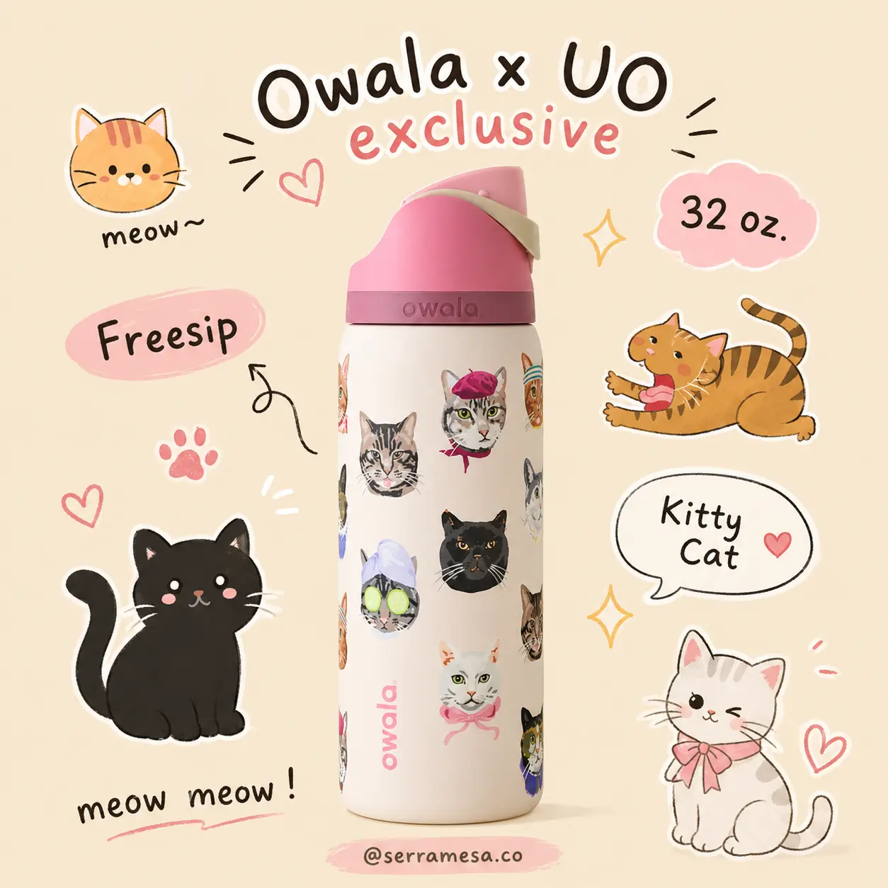 Owala Cat Collage FreeSip 32 oz Water Bottle, Cute Cat Print Insulated Stainless Steel Tumbler with Straw Lid