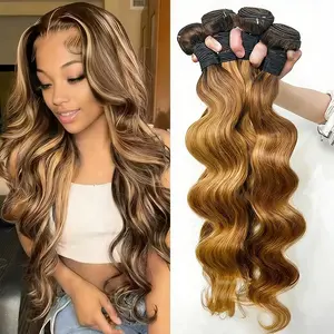 12A Grade Brazilian Virgin HumanHair Bundles P4/27 Highlight Brown BodyWave 20-30 Inch Honey Blonde WeaveExtensions For Women