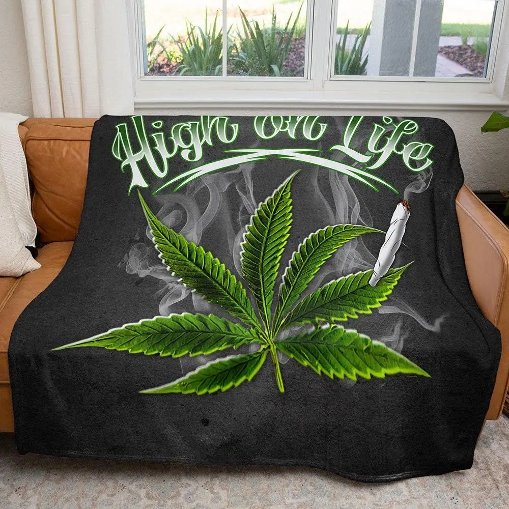 Marijuana High On Life Soft Plush Minky Throw Blanket, Pot Leaf Joints Weed Print for Bed Sofa Wall Hanging, 420 Gift