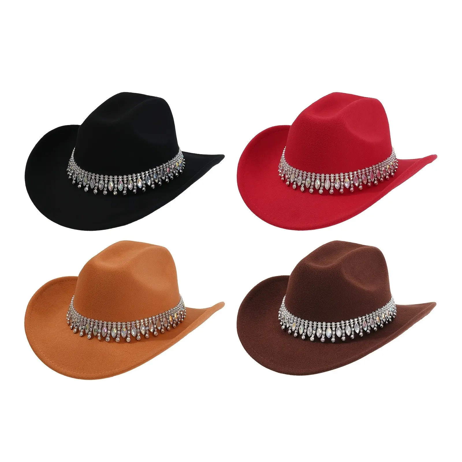 Elegant And Easy Women'S Cowboy Hat, with Shiny Rhinestone Chain, Western Style Hat, Classic Wide-Brimmed Felt Hat, Upturned Brim Soft Felt Hat, Adjustable, Suitable for Graduation Ceremony Vacation Party And Everyday Casual Wear, Unisex