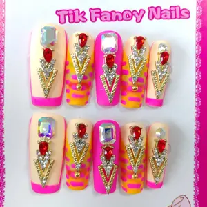 Long Square Neon Pink Orange Press On Nails | Premium Red V-Shaped Nail Art