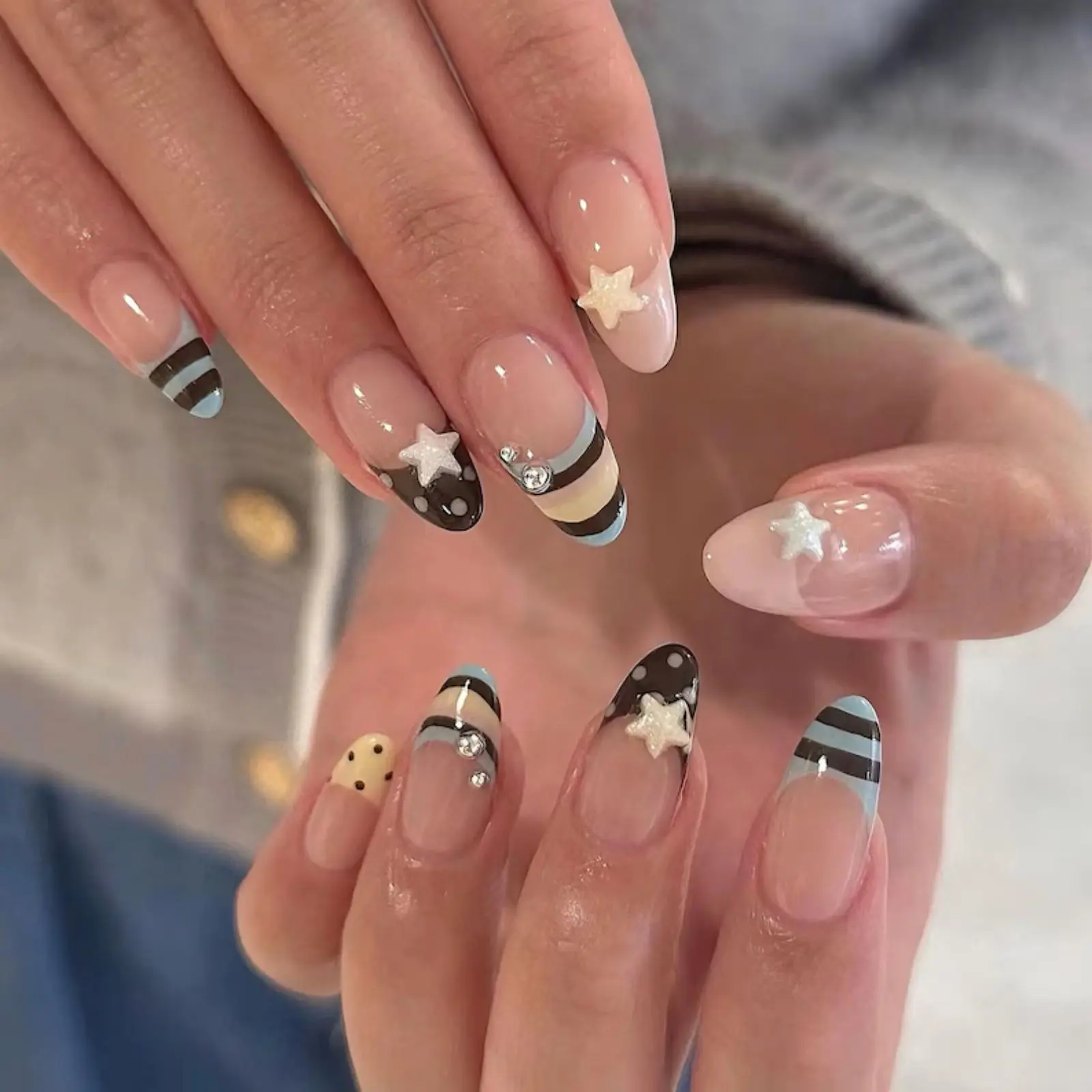 Cute Star French Tip Press On Nails | Blue Stripe & Polka Dot Nail Art | Handmade Glossy Almond Nails