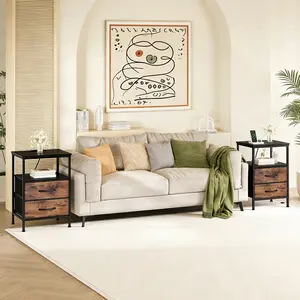 Small Side Bedside Table Featuring Integrated Charging Station and 2 Spacious Fabric Drawers, Space-Saving Night Stand for Bedroom Decor