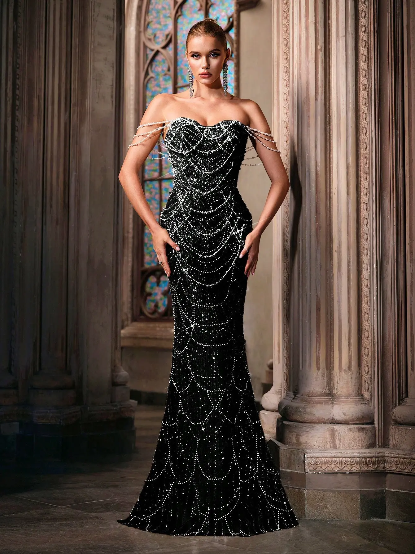 Luxury Beaded Mermaid Evening Gown | Strapless Black Formal Dress for Wedding & Prom | Maxi Length Woven Fabric Hand Beading Sequin Splicing Womenswear Elegant Flared