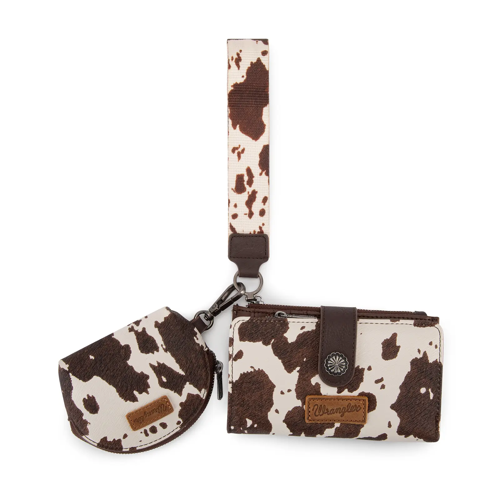 Wrangler Western Cowprint Keychain with Matching Wristlet and Card Holder for Women
