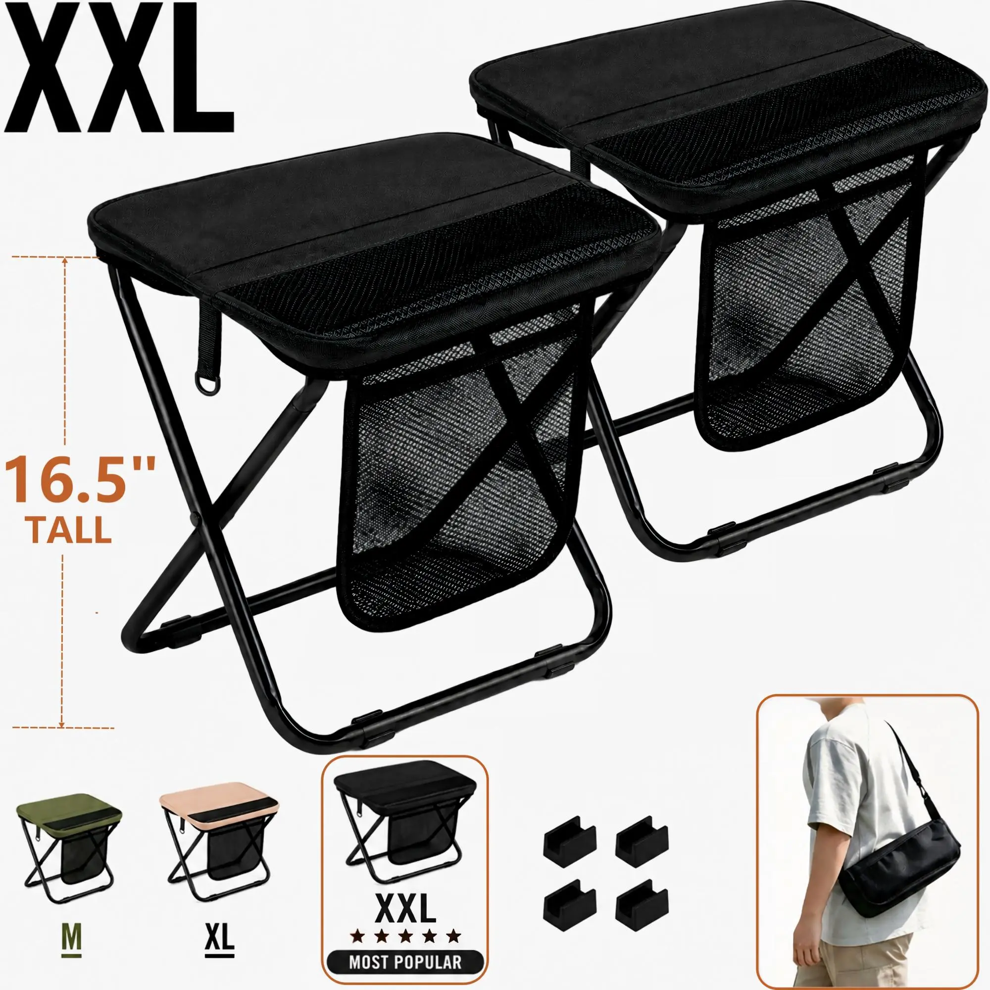 Wstrnix 2 Pack Portable Folding Stool Chair with Shoulder Strap, 14“/ 16" Extra Tall Camping Stool for Adults, Collapsible Handbag Stool with Storage Pocket for Fishing, Hiking, Festivals & Travel