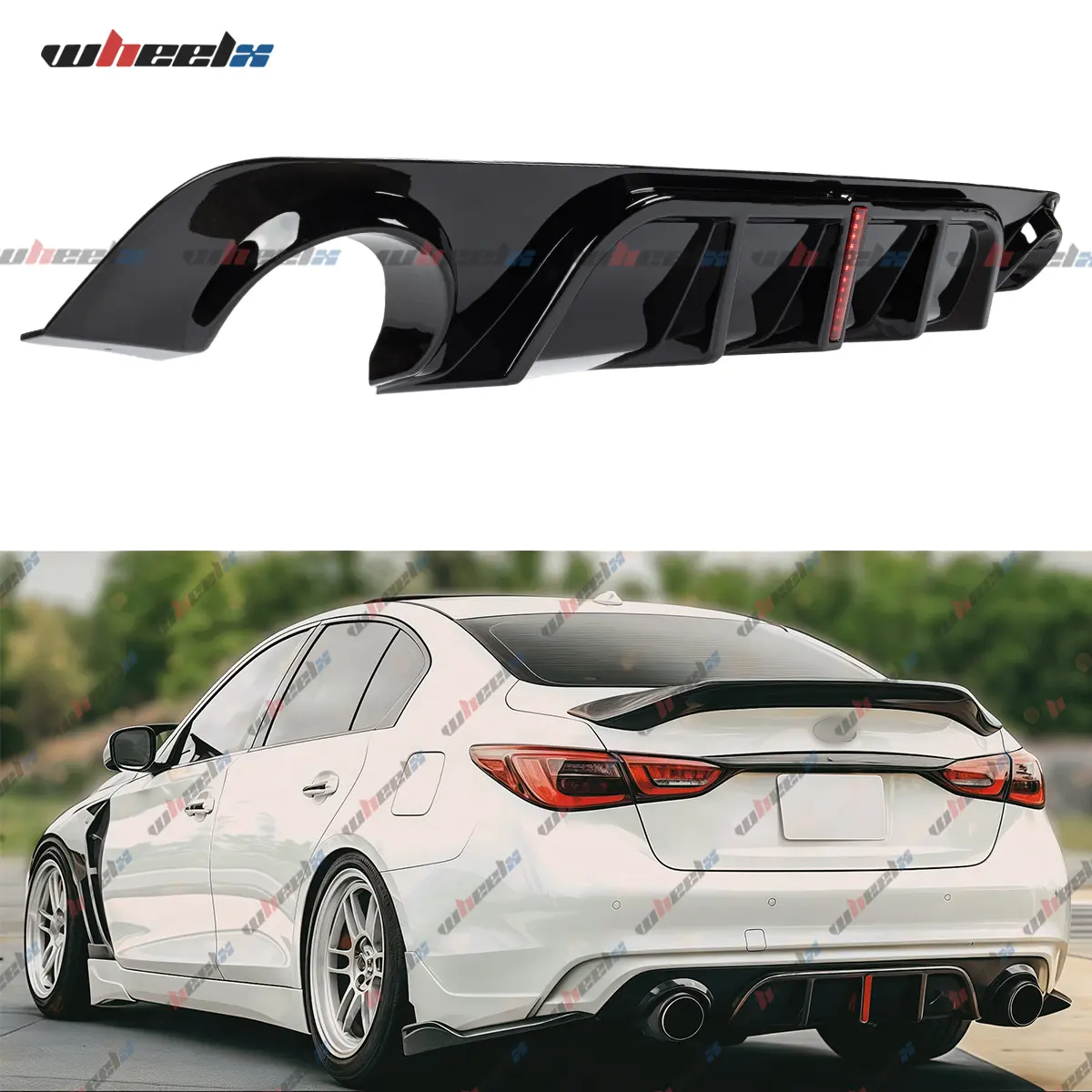 2014-2024 – Infiniti Q50 – WHEELX Rear Diffuser w/ LED Brake Light – Gloss Black Shark Fin Vortex | Fits 2.0t 3.0t All Models