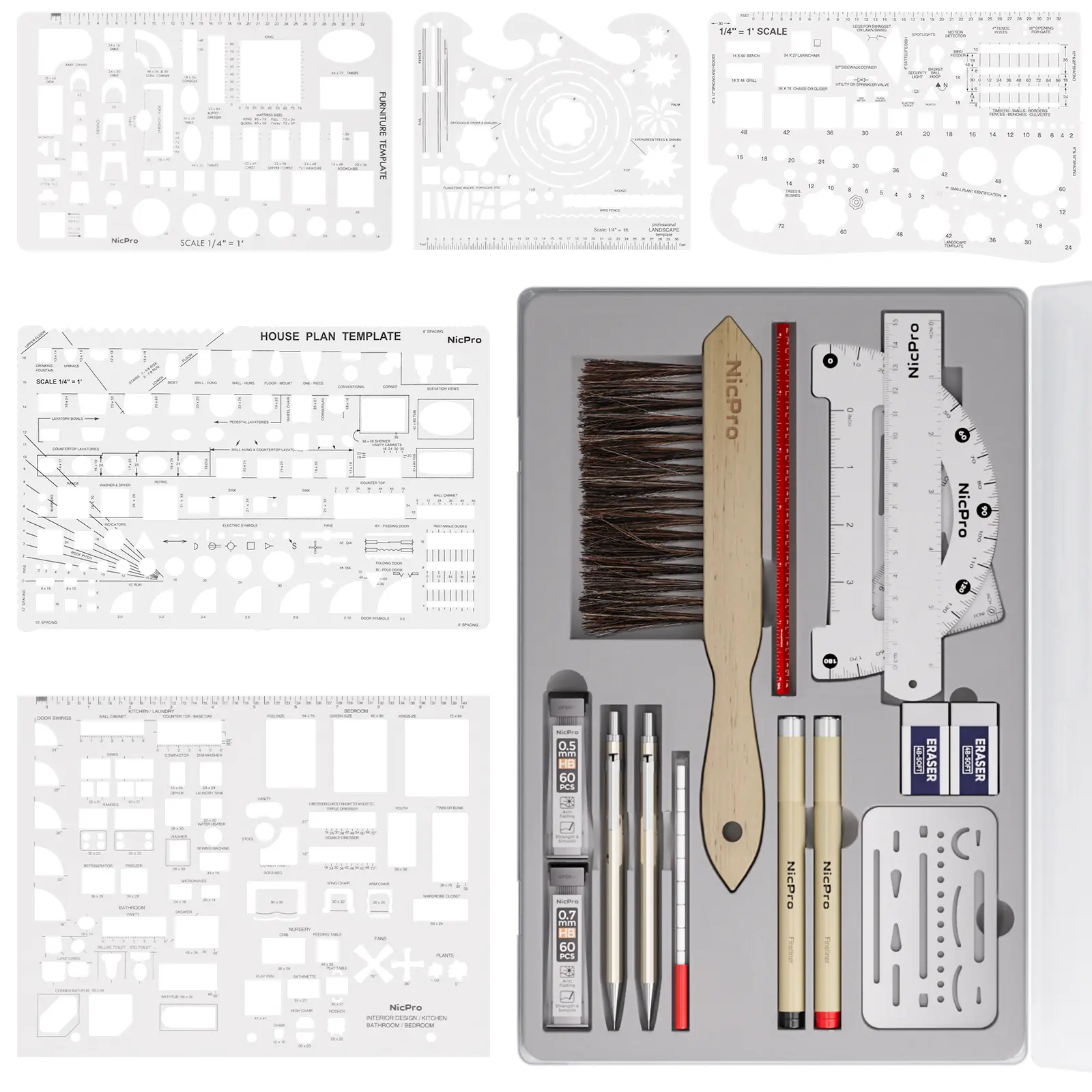 Nicpro 21-Pack Professional Drafting & Geometry Set with Case - Architect Compass, Protractor, Metal Pencils, Pens, Scale Ruler, Measuring Ruler, 5 Drawing Templates for Accurate Measurements, Designers, Interior House Plan Design, Layout Measuring Tool,