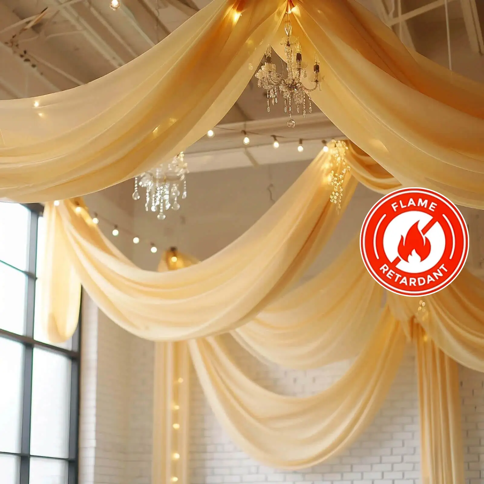 Champagne Chiffon Ceiling Drapery - Durable, Flame-Resistant, 5ftx32ft Rod Pocket Curtain Panel for Quinceanera, Grad Party Decorations, Birthday, Bridal Showers Event Decor Backdrop Only