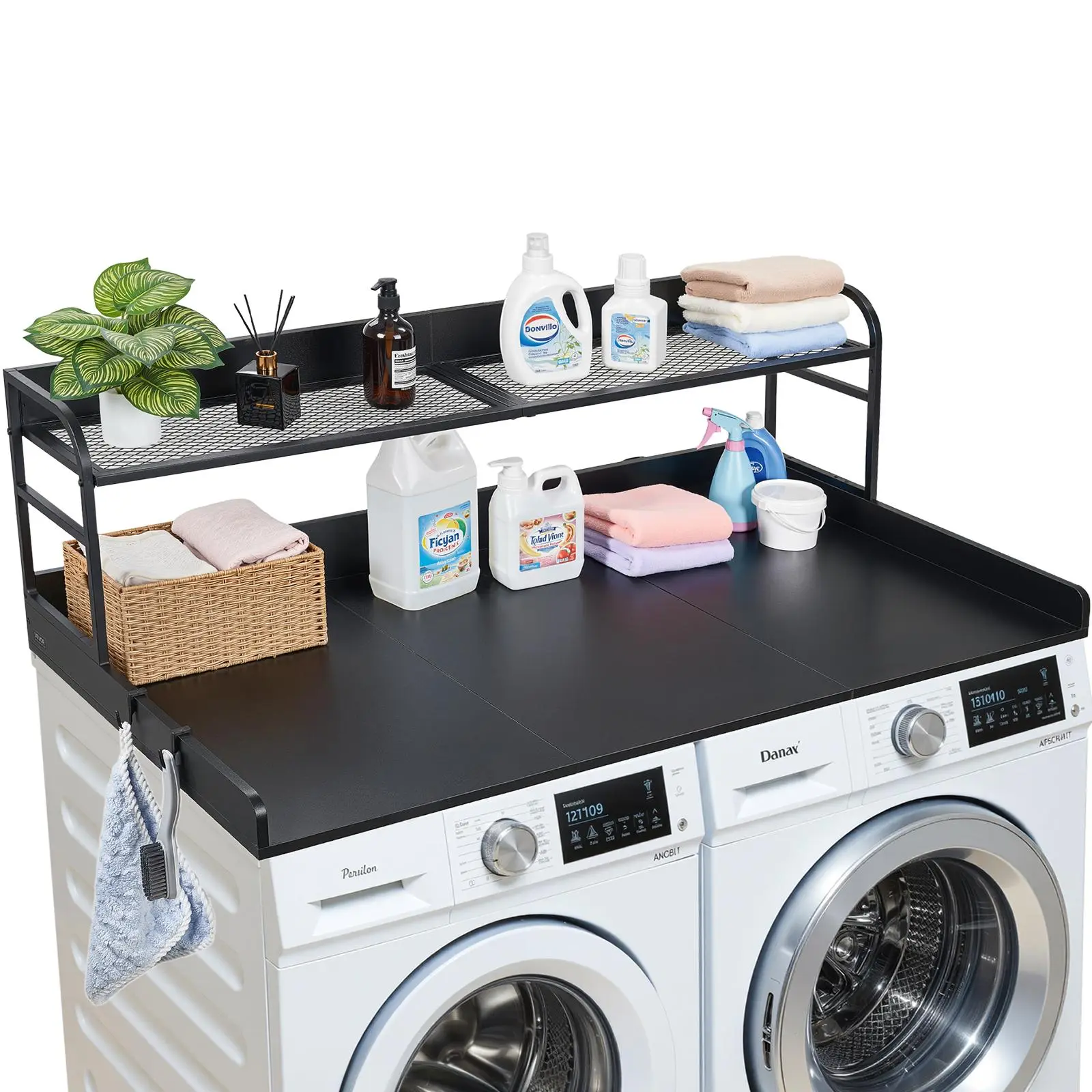 VEVOR Wooden Washer and Dryer Countertop with Shelf, Edge Guard, 2 Hooks & P2 Board, 53.9x27.5"/137x69.9 cm Wooden Top, 250 lbs Capacity, Easy Assembly & Wipe Clean, for Laundry Closet & Pantry Organization