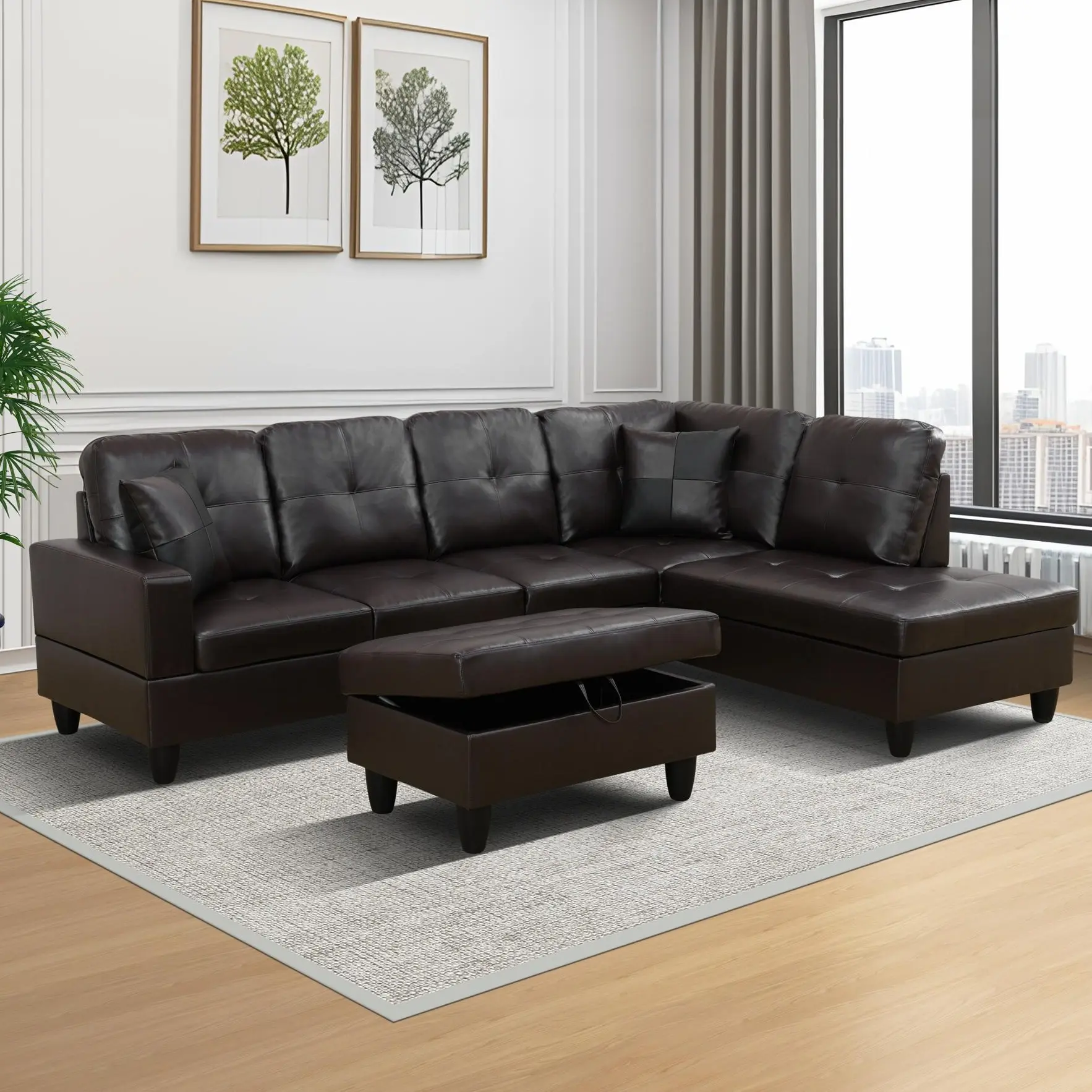 Brown-Toned Faux Leather 3-Piece Sectional Sofa Set - Fixed Arms, Sturdy Smooth Upholstery, Cushion Back, Wear-Resistant Durable Classic Lounge Sofa, Living Room Sofas, Full Size Earth Tone Multi-Segment Furniture, Assembly Required