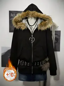Y2K Gothic Black Faux Fur Hooded Solid Zip-Up Hoodie | Versatile All-Black Fall/Winter Style | Thickened Warm Fabric | Edgy Alt-Style Streetwear | Casual Daily Outfit | Fall/Winter Thermal Top | Trendy Dark Aesthetic 2000s Style Clothing Women